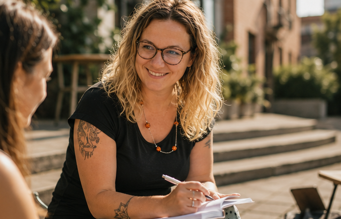 Laura von tanzacre8 im Gespräch mit einer Kundin